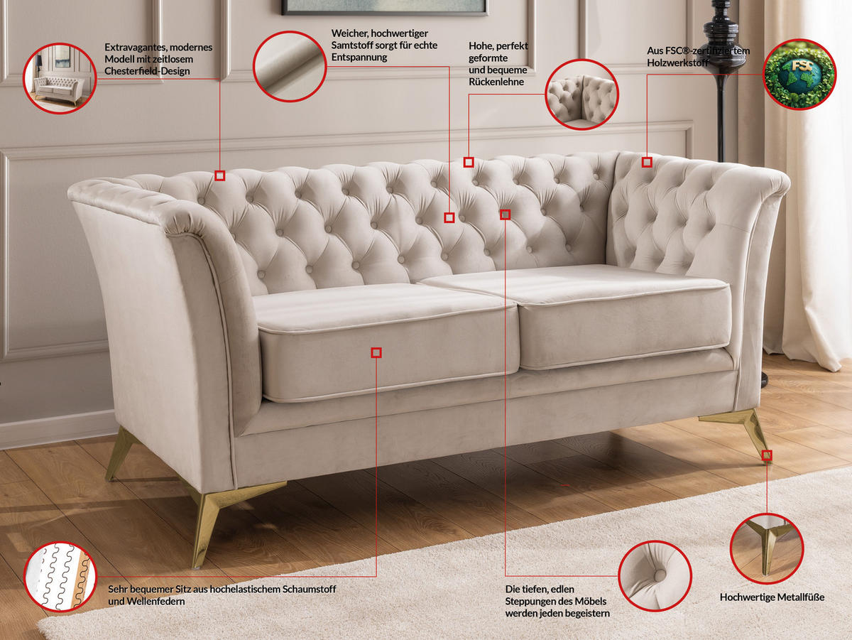 SITZGARNITUR 3+2 Chesterfield Whitby Beige Samt mit goldenen Füßen - Beige/Goldfarben, Holz/Textil (237/78/82cm) - S-Style Möbel