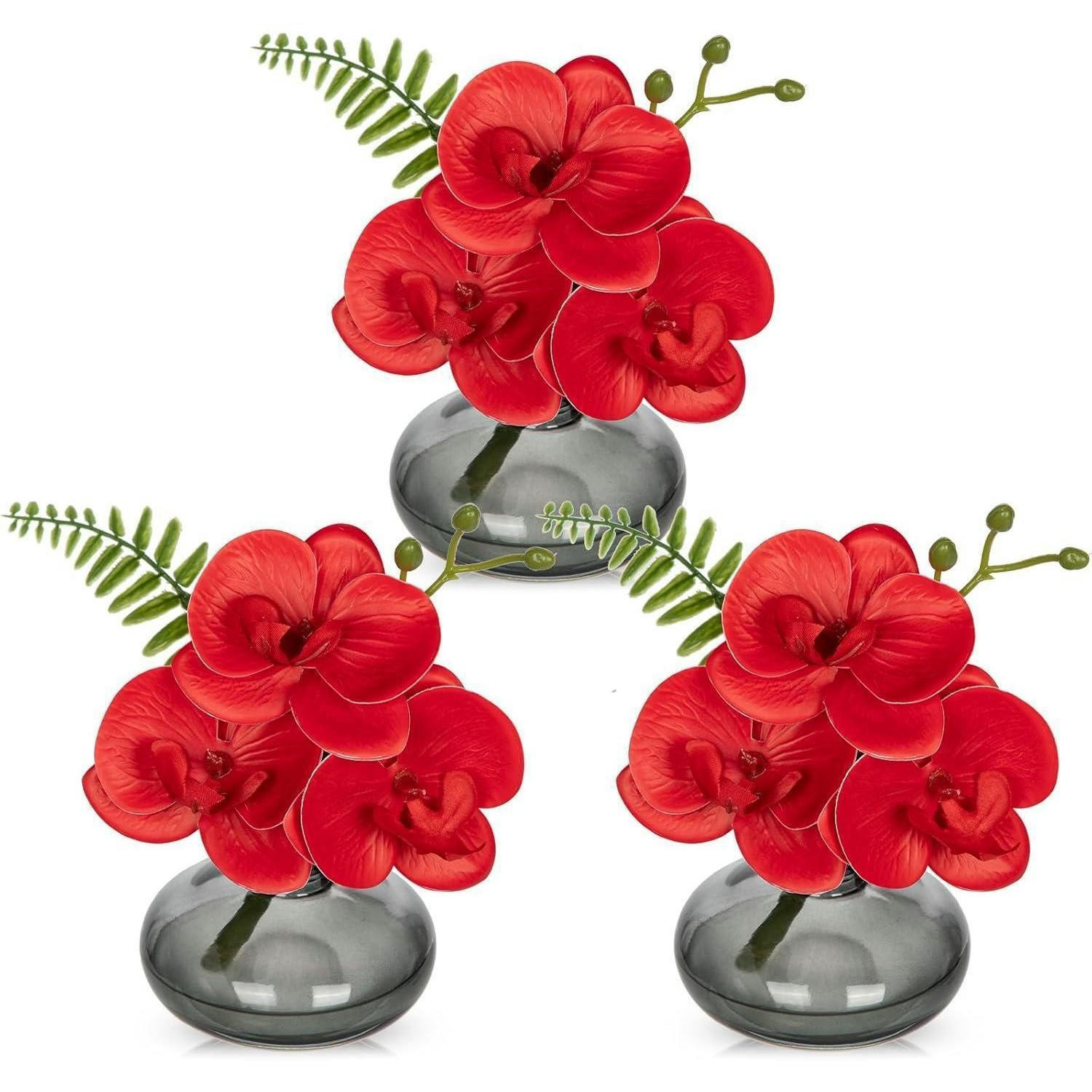 KUNSTBLUMEN 3er Set mit Glasvase Rot - Rot, Kunststoff (16cm)