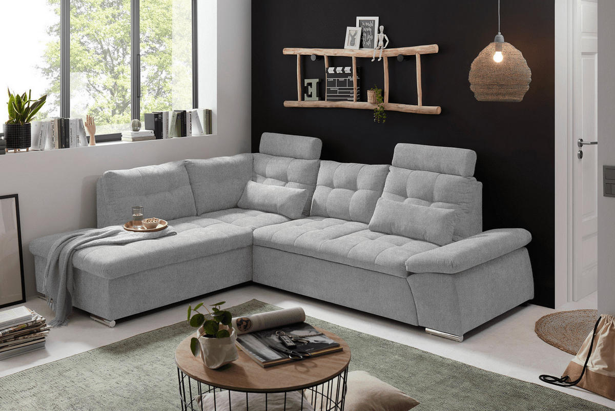 ECKSOFA mit Schlaffunktion, verstellbare Armlehne und Kopfstützen - Chromfarben/Hellgrau, Textil (260/219cm) - ed exciting design