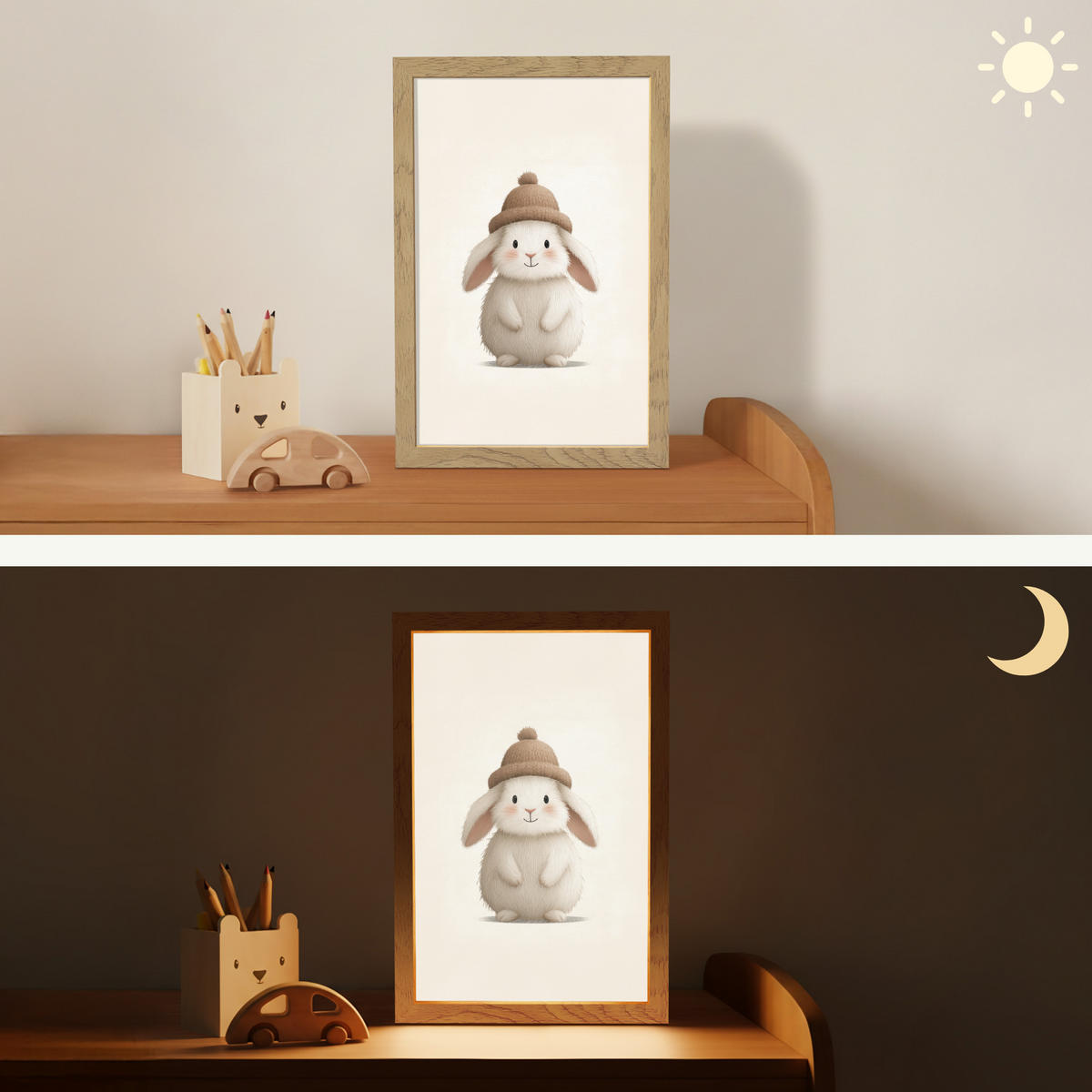 NACHTTISCHLAMPE Kaninchen - Hut - Ohren - Beige 20x30 cm - Creme, Holzwerkstoff (8/20/30cm)