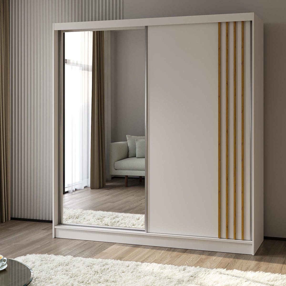 SCHWEBETÜRENSCHRANK NELVIA 200/216/61 cm 2-türig mit Spiegel Weiß - Weiß, Holzwerkstoff (200/216/61cm) - MASSENO