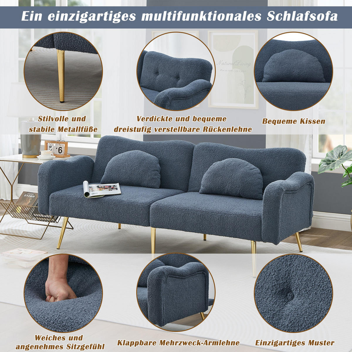 SOFA 2-Sitzer Sofabett Verstellbare Lehne Goldene Metallfüße 2in1 Modern - Grau, Holz (89.92/18.54/79.5cm) - FLIEKS
