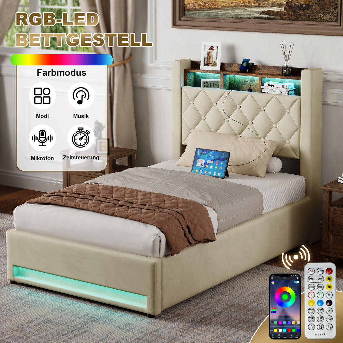 POLSTERBETT 90/200 cm mit Bettkasten und Steckdose Boxspringbett mit USB und LED-Licht Stauraumbett ohne Matratze - Beige, Holzwerkstoff/Textil (90/200cm) - STILVORA