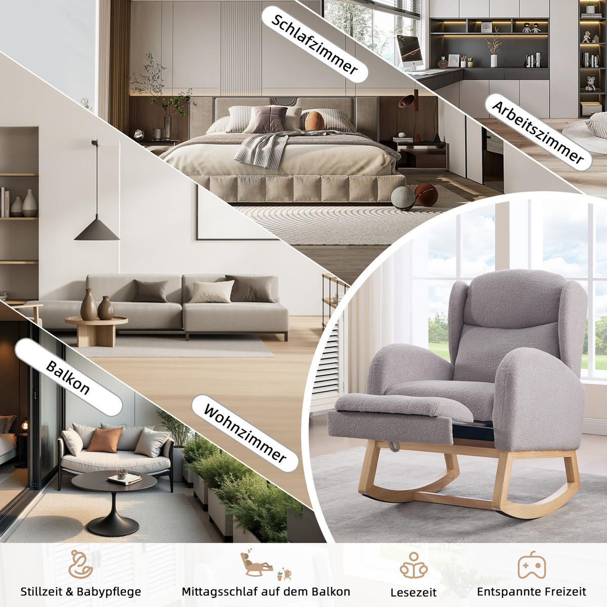 SCHAUKELSTUHL Teddy-Stoff mit Fußstütze und Seitentaschen 122.5/70/104 cm Grau - Grau, Textil (70/104/122.5cm) - Redom