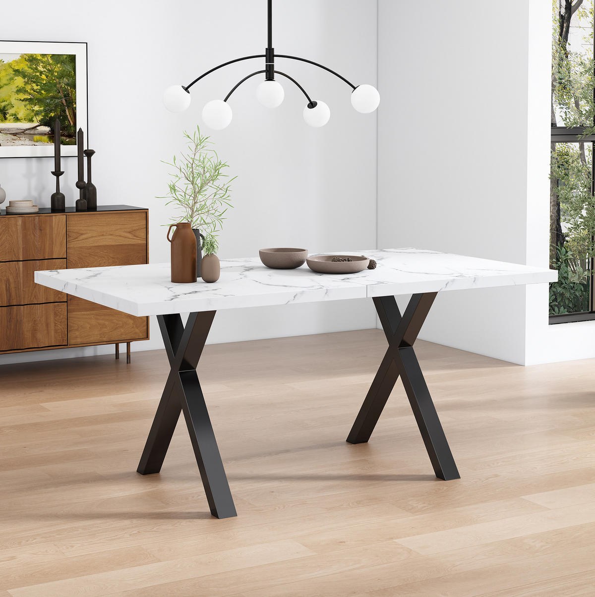 JÍDELNÍ stůl z MDF a oceli 140x80x76 cm bílý mramorový dekor a černá s křížovou podnoží a všestranným využitím - bílá, kompozitní dřevo (140/80/76cm) - Modfu