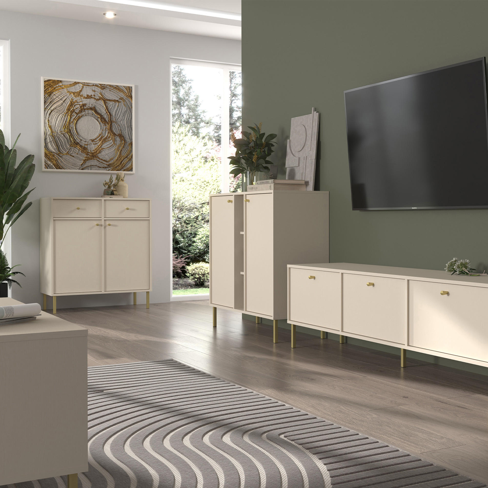 KOMMODE FLOREN, Creme/Gold - Creme, Holzwerkstoff/Metall (83.6/95/40.8cm) - KONSIMO®