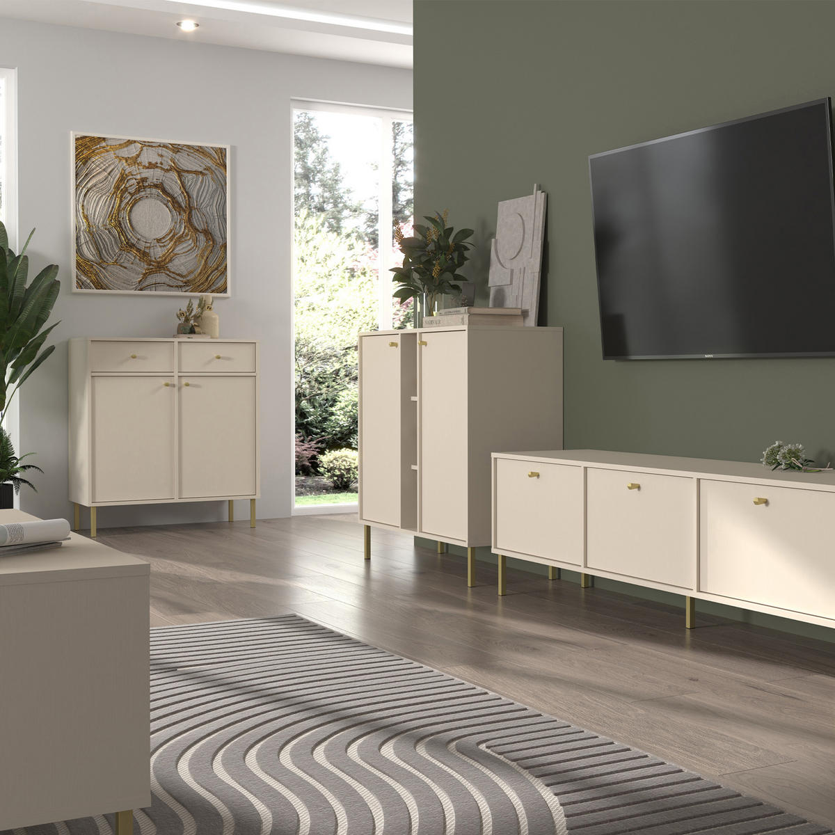 KOMMODE FLOREN, Creme/Gold - Creme, Holzwerkstoff/Metall (83.6/95/40.8cm) - KONSIMO®