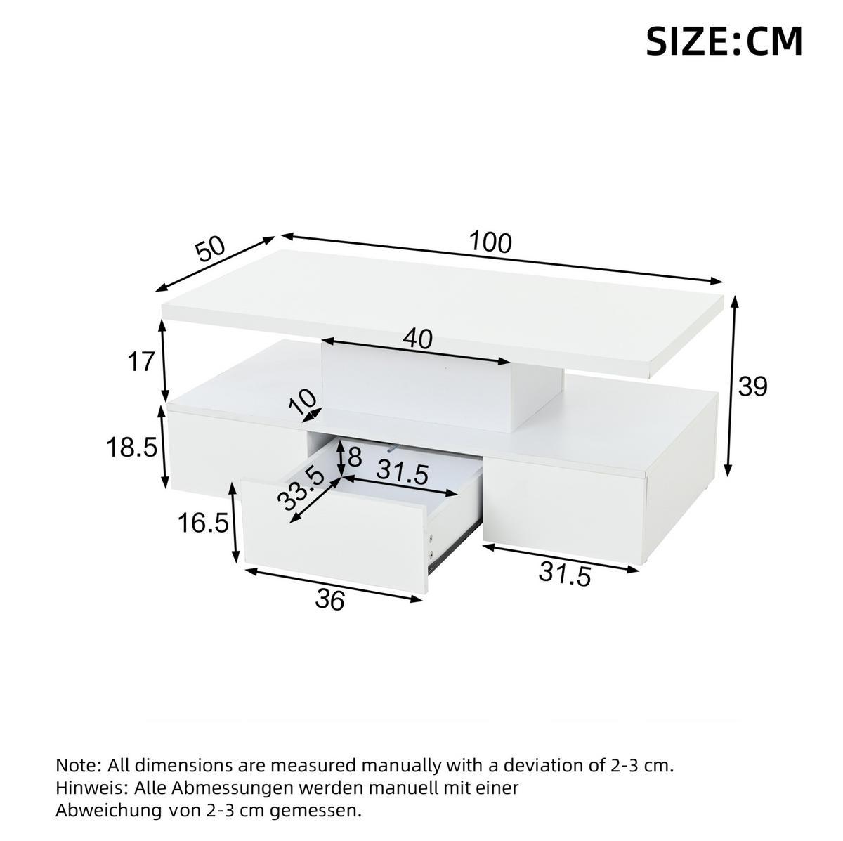 COUCHTISCH aus Spanplatte 100x50x39 cm Weiß mit LED-Beleuchtung, offener Ablage, Schublade und Hochglanzfront - Weiß, Holzwerkstoff (100/50/39cm) - Modfu