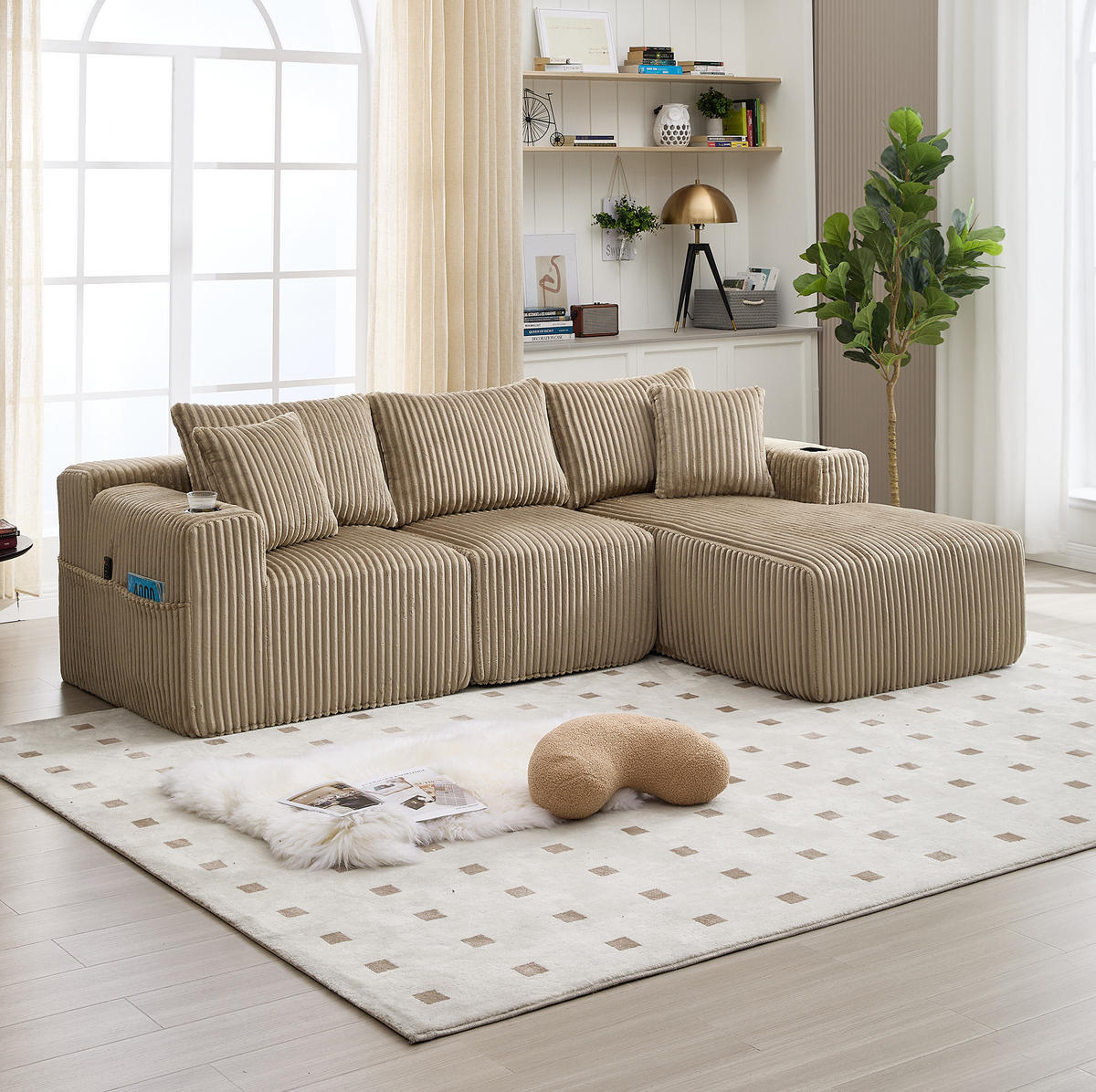 MODULARES Sofa-Set Cord mit Chaiselongue und 2-Sitzer Getränkehalter und Seitentaschen 257/90 160/62 cm Sandfarben - Sandfarben, Textil (160/257cm) - Redom
