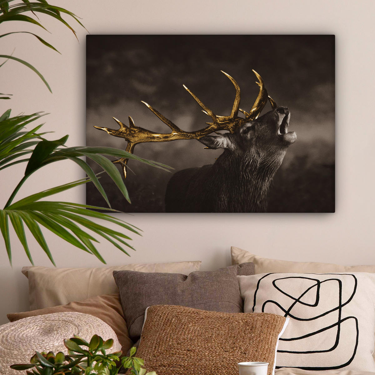 LEINWANDBILD Rotwild - Schwarz - Gold Wandbilder 80x60 cm - Braun, Textil (80/60cm) - MuchoWow