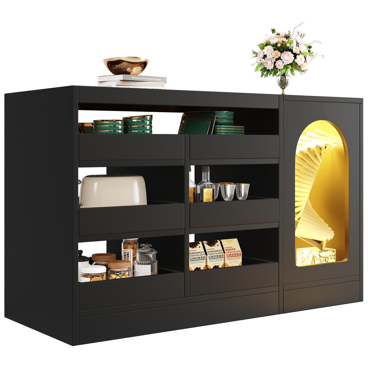 SIDEBOARD 120/40/75 cm, 6 Schubladen, Glasoberseite mit LED, schwarzes MDF, Schwarz - Schwarz, Holzwerkstoff (120/75/40cm) - Redom