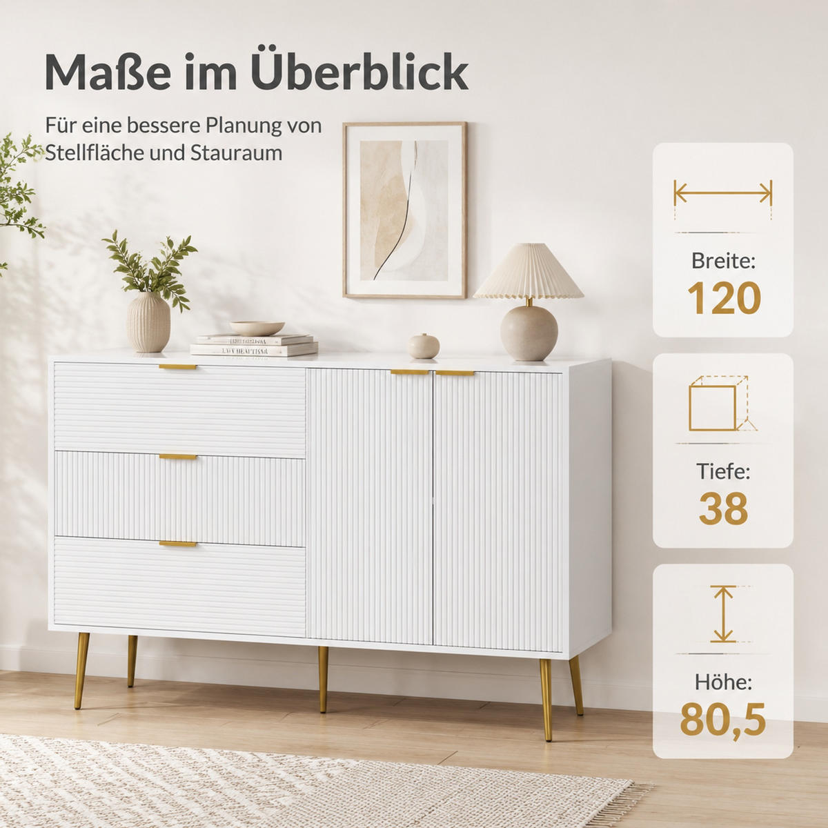 SIDEBOARD z MDF, 120/38/80,5 cm bílý/zlatý se 3 zásuvkami a 2 dvířky - bílá, kompozitní dřevo (120/80.5/38cm) - Modenvie