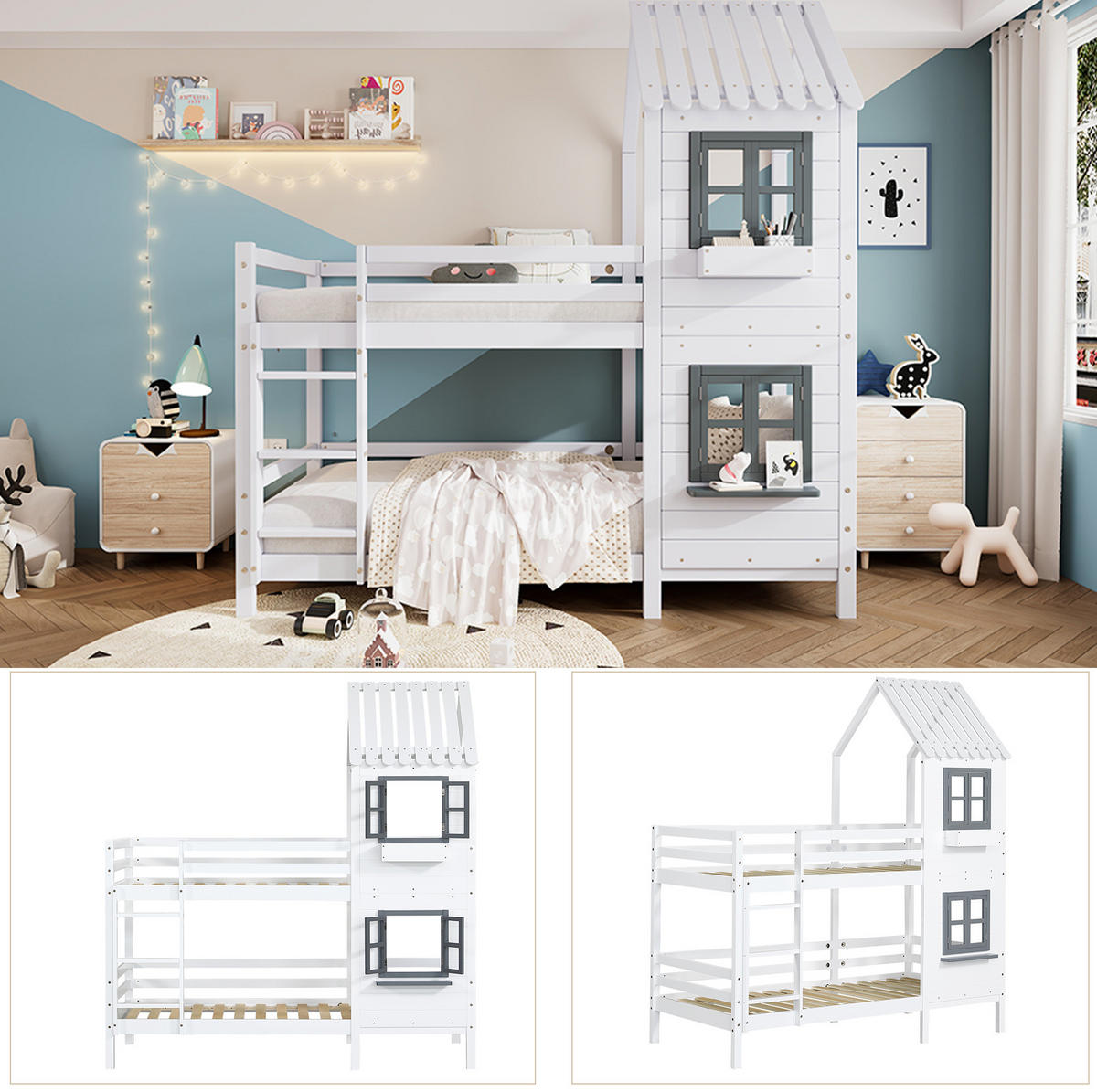 ETAGENBETT aus Kiefer und MDF 90x200 cm Weiß/Grau mit Fenster, Handlauf, Fallschutz und Hausdesign - Weiß, Holzwerkstoff (90/200cm) - Modfu