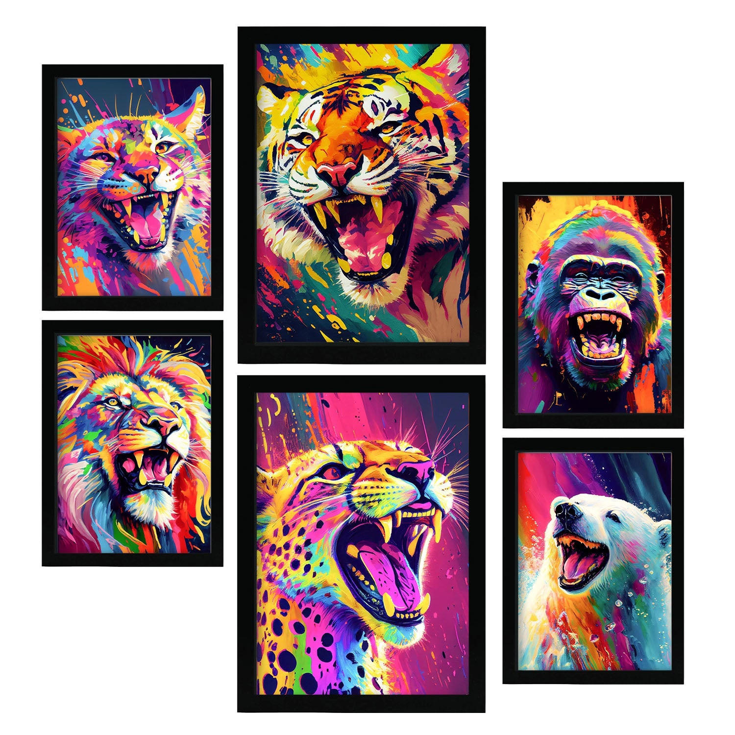 POSTER Set Mit 6 Wilde Tiere Im Hochformat Lebhafte Aquarell Stil Illustrationen Von Lächelnde Tiere Innenarchitektur A3 & A4 Schwarzer Rahmen - Schwarz, Papier (29/3cm) - Nacnic