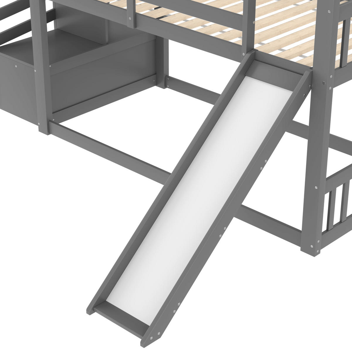 ETAGENBETT aus Kiefernholz und MDF 90x200 cm Grau mit Stauraumtreppe, Rutsche und Hausdesign - Grau, Holzwerkstoff (90/200cm) - Modfu