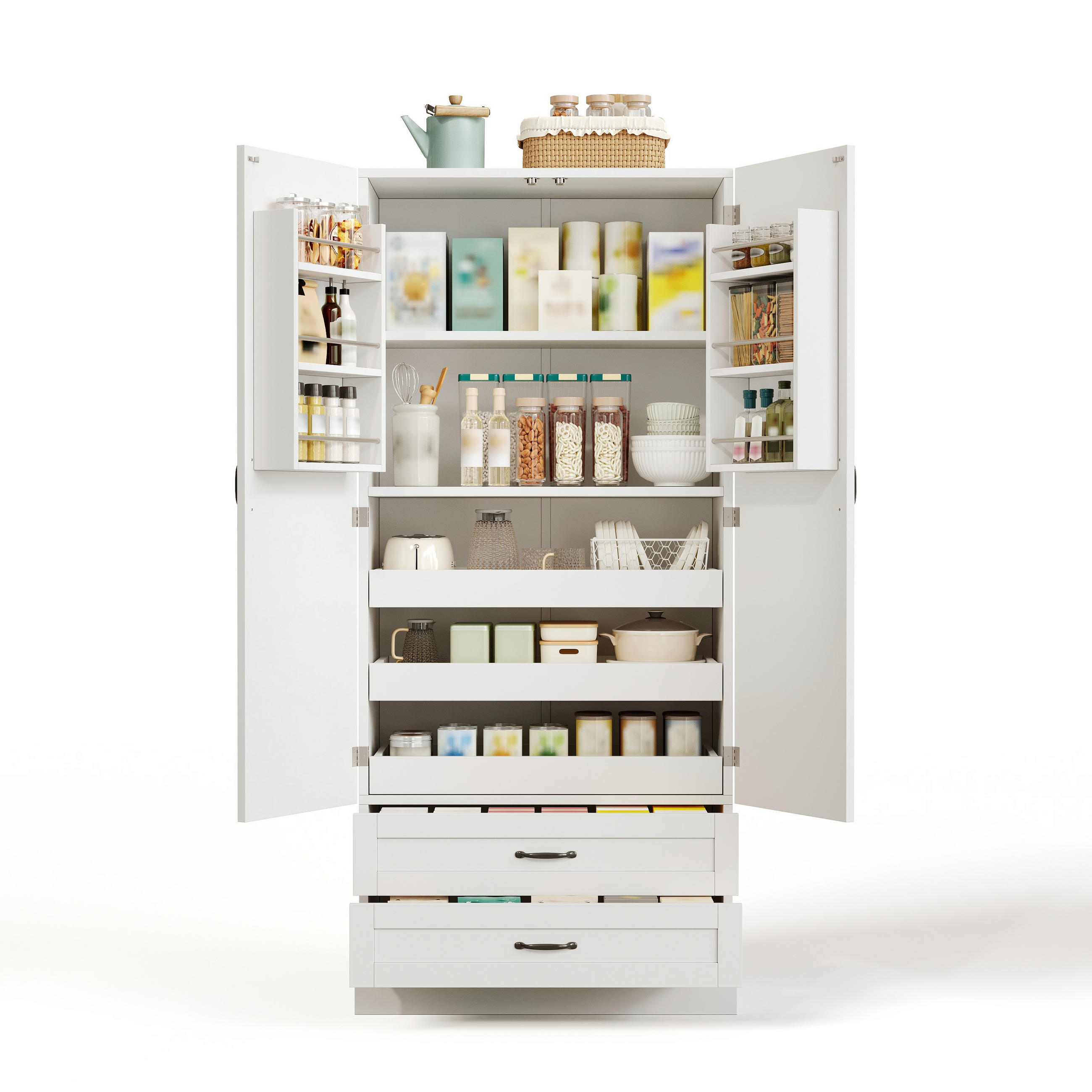 GESCHIRRSCHRANK 180 cm MDF Weiß mit Ausziehböden und Schubladen - Weiß, Holzwerkstoff (37.5/180/80cm) - Korfee