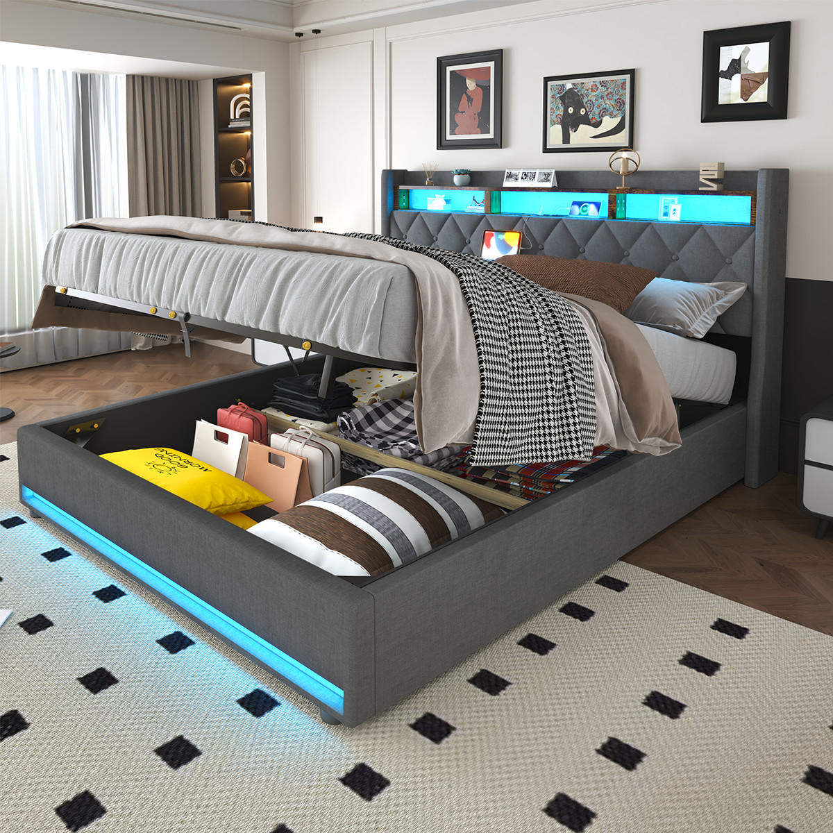 POLSTERBETT 160x200 cm mit LED, USB C, Hydraulische Bett mit Stauraum und Kopfteil, Stauraumbett Bettgestell mit Metallrahmen, Leinen, Grau - Grau, Metall
