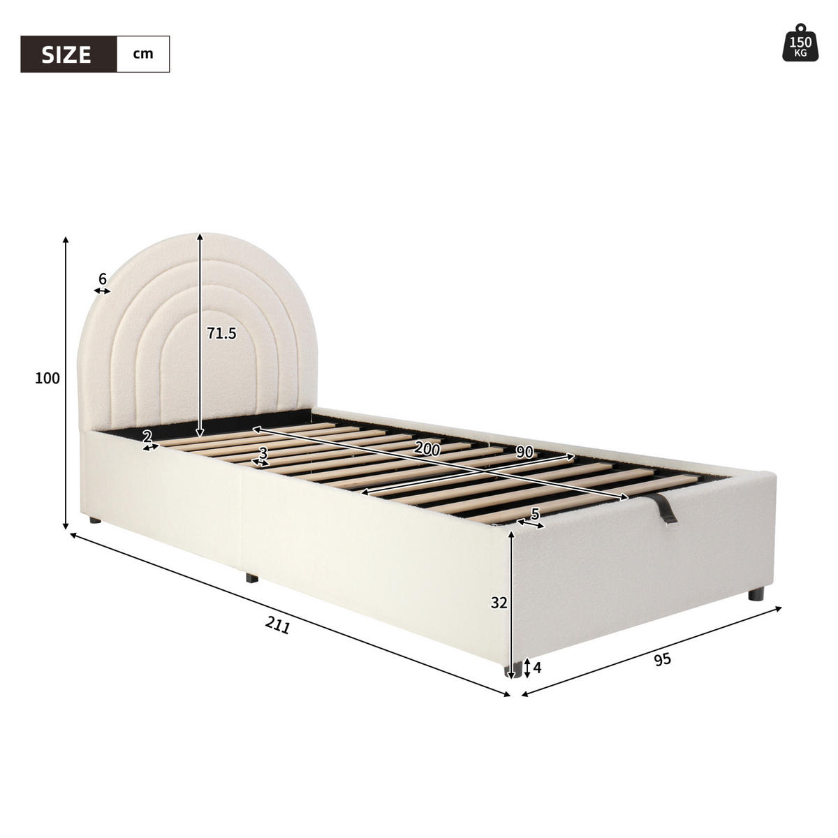 POLSTERBETT 90/200 cm mit hydraulischem Stauraum, eingebettetem Matratzenbereich und Bouclé-Bezug, Beige - Beige, Textil (90/200cm) - Redom
