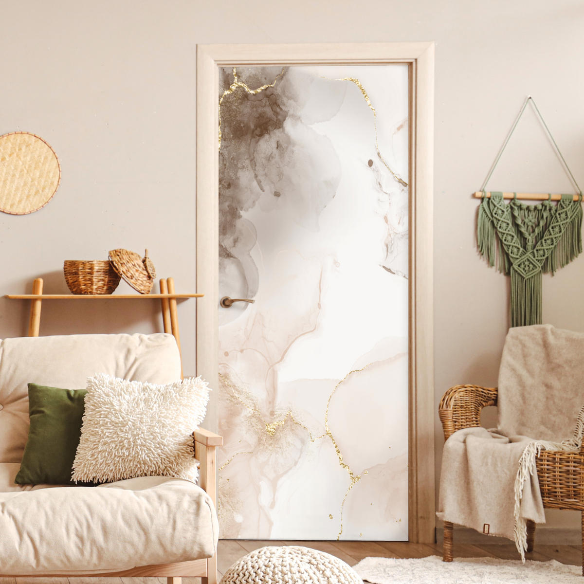 TÜRAUFKLEBER Selbstklebend - Marmor - Braun - Linie 95x215 cm - Türtapete - Champagner, Kunststoff (95/0.1cm) - MuchoWow