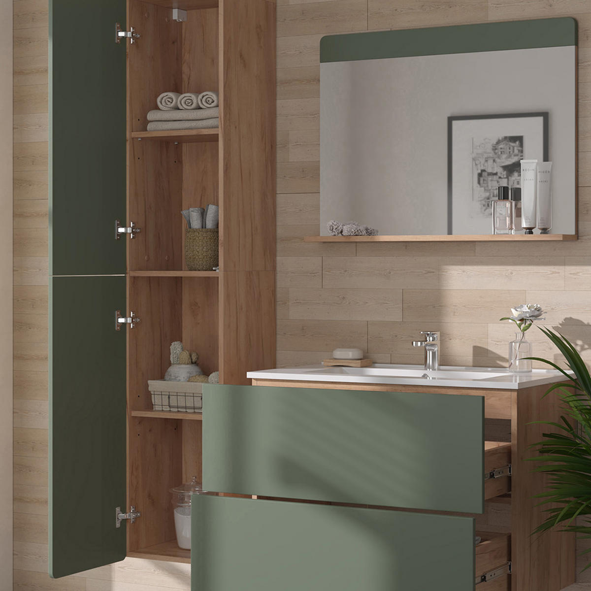 SADA KOUPELNOVÉHO NÁBYTKU Izan Dub Goldkraft/zelená - zelená barva/barva dubu, kompozitní dřevo (80/59.3/46cm) - Vicco