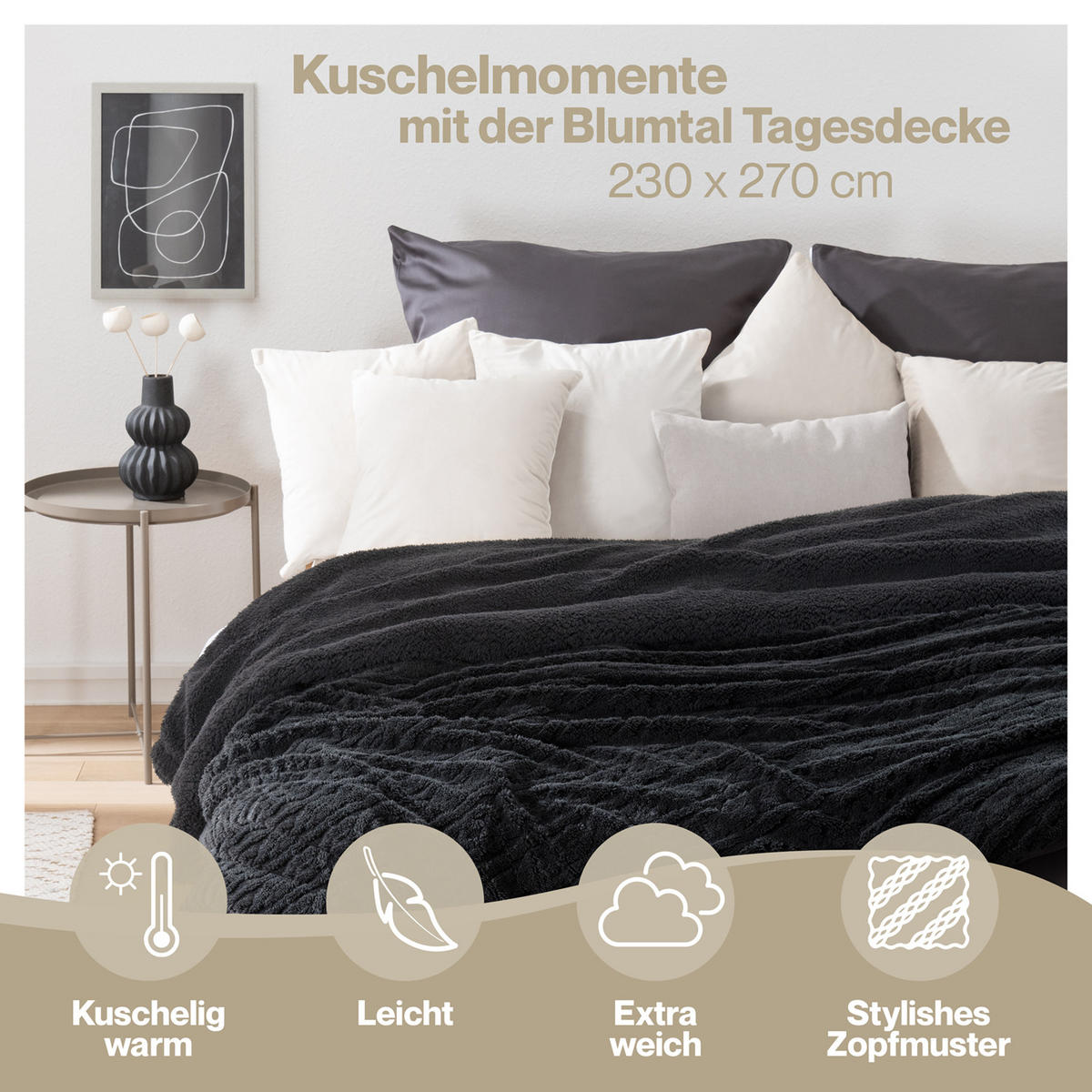 KUSCHELDECKE 230/270 cm, Schwarz - Schwarz, Textil (230/270cm) - Blumtal