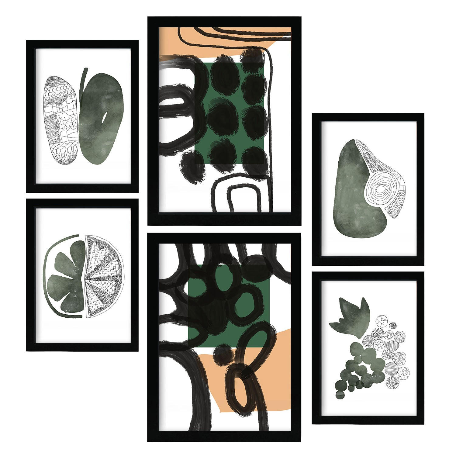 POSTER Set Mit 6 Balmy Greens In Blume Zusammenfassung A3 & A4 Schwarzer Rahmen - Schwarz, Papier (29/3cm) - Nacnic