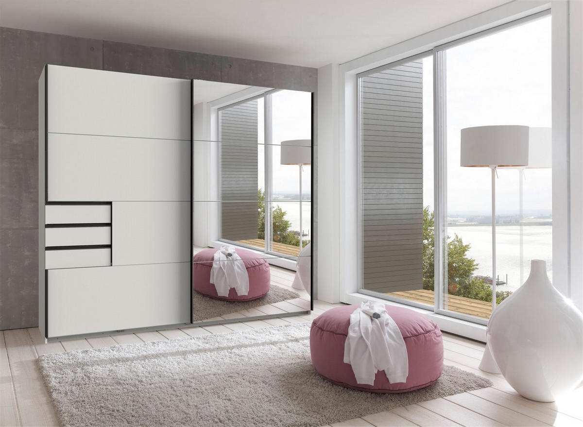 KLEIDERSCHRANK Saigon in Weiß und schwarzen Griffen mit einer Spiegel Türfront – Schwebetürenschrank 2 türig - 225 cm Breite - Weiß, Holzwerkstoff (80/200/120cm)