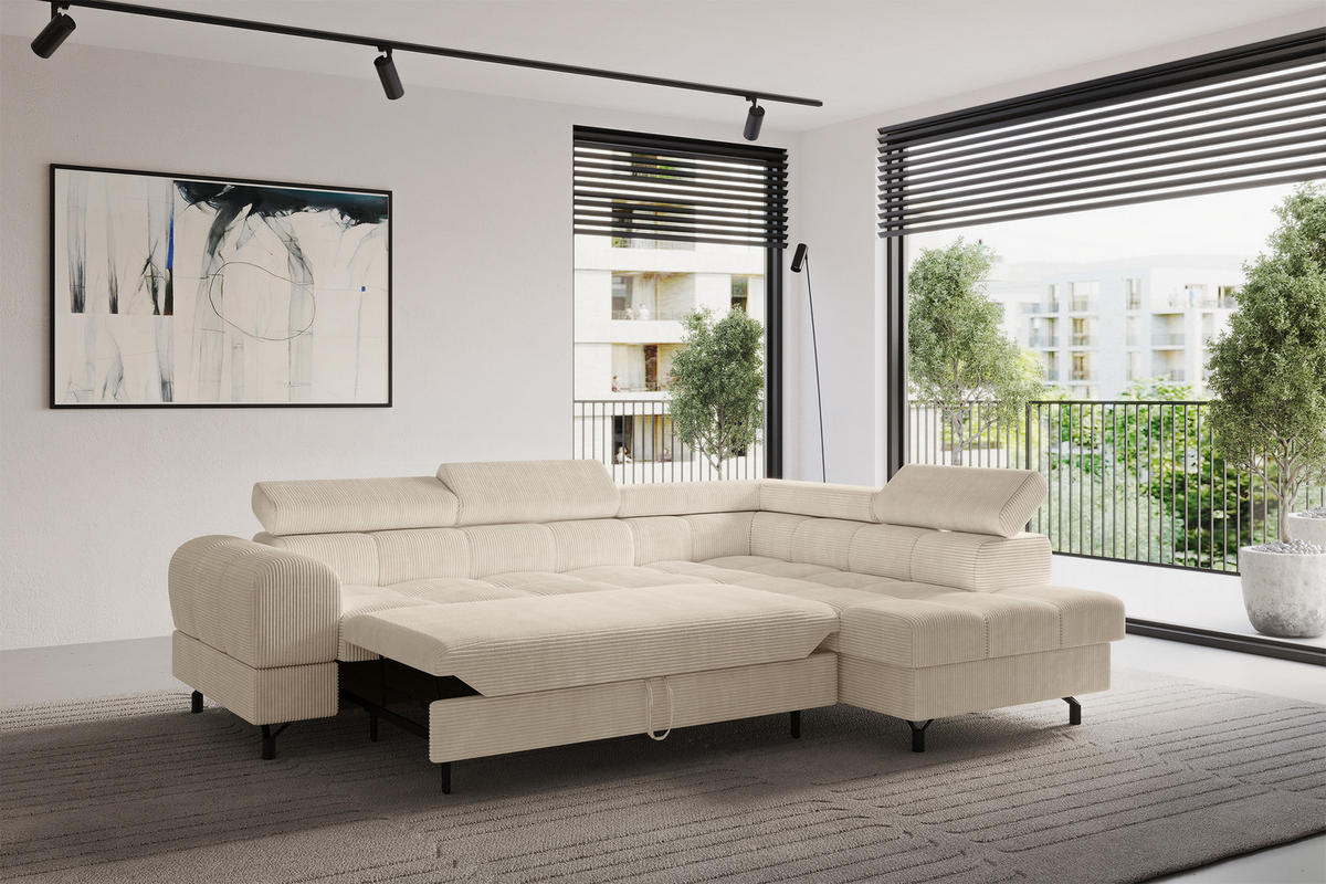 ECKSOFA mit Schlaffunktion Ottomane Rechts LUMA-L 272x203x70 Beige Cord - Beige/Schwarz, Holzwerkstoff/Kunststoff (203/272cm) - ALTDECOR