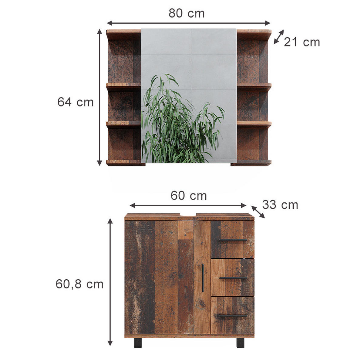 BADMÖBEL-SET Ilias Eiche rustikal 2 Teile - Wildeiche, Holzwerkstoff (60/60.8/33cm) - Vicco