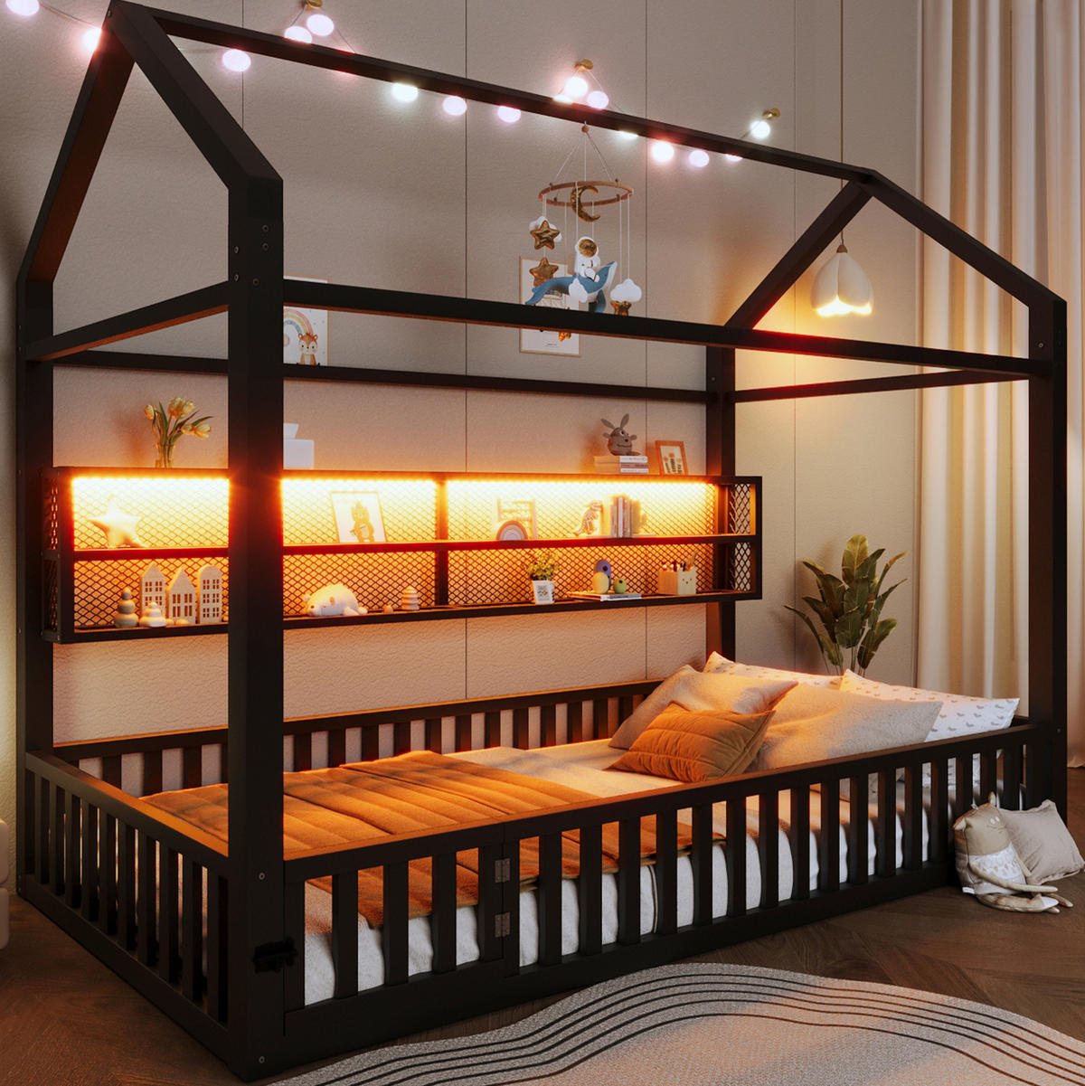 KINDERBETT 90/200 cm in Hausform aus Metall mit Sicherheitszaun und LED - Schwarz, Metall (90/200cm) - BEAOK