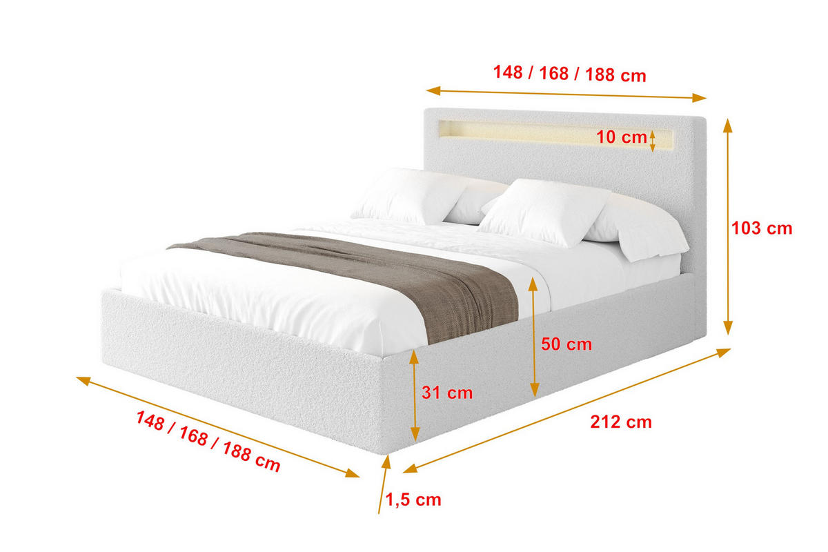 POLSTERBETT mit Bettkasten und Lattenrost, Boxbett ohne Matratze - GOLA 180x200 Weiß - Weiß, Holzwerkstoff/Textil (180/200cm) - ALTDECOR
