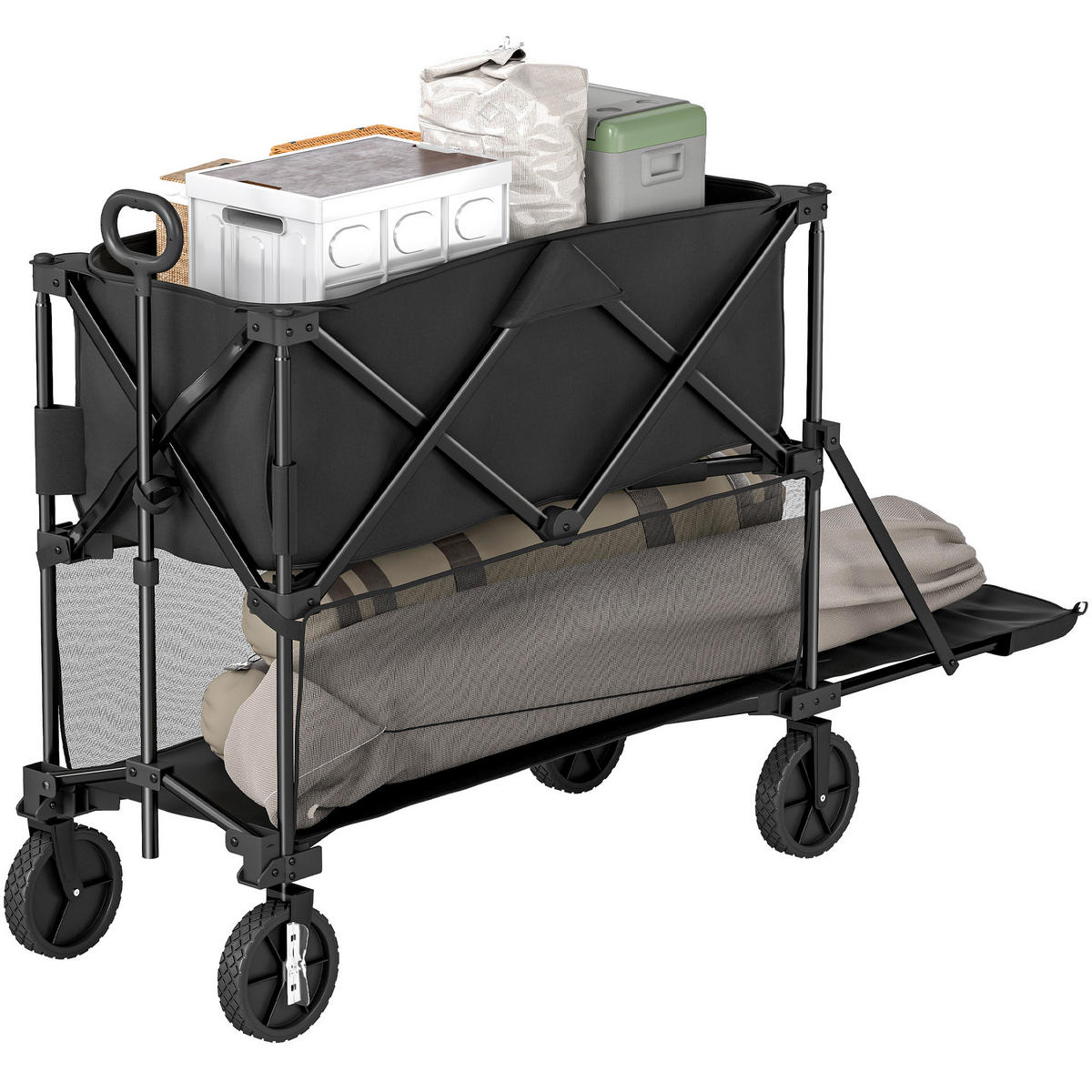 GARTENWAGEN DE-18767 2-stöckig, 350L & All-Terrain-Räder Schwarz - Schwarz, Metall (50/102/142cm) - ComfortXL