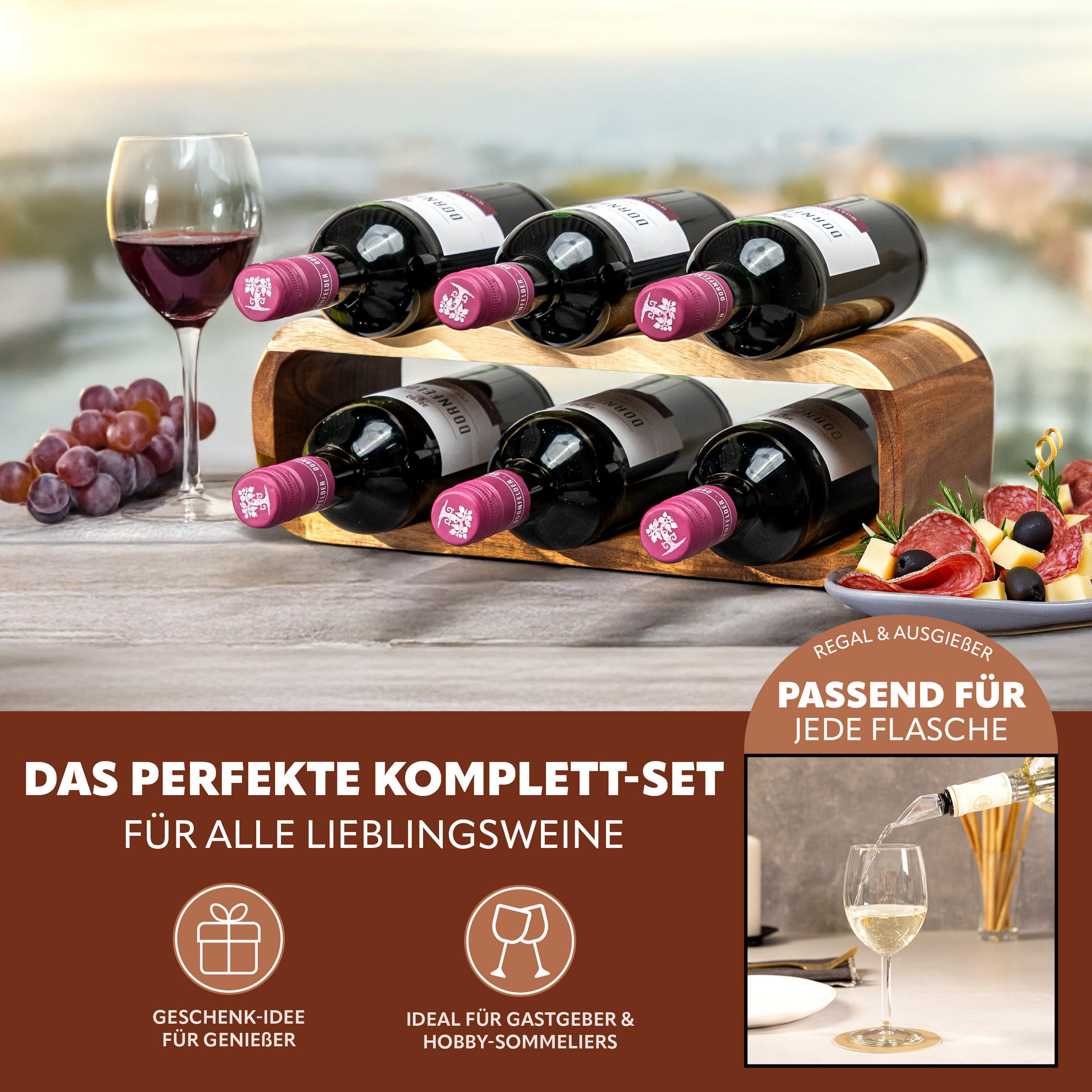 WEINREGAL-SET 6tlg, Akazienholz - Akaziefarben, Holz (38/12.5/16cm) - eluno