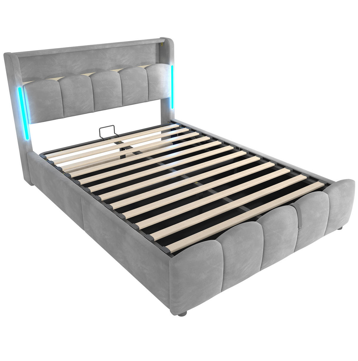 POLSTERBETT 140/200 cm mit LED-Beleuchtung, USB- und Typ-C-Anschluss, hydraulischem Stauraum und Samtbezug, Grau - Grau, Textil (140/200cm) - Redom