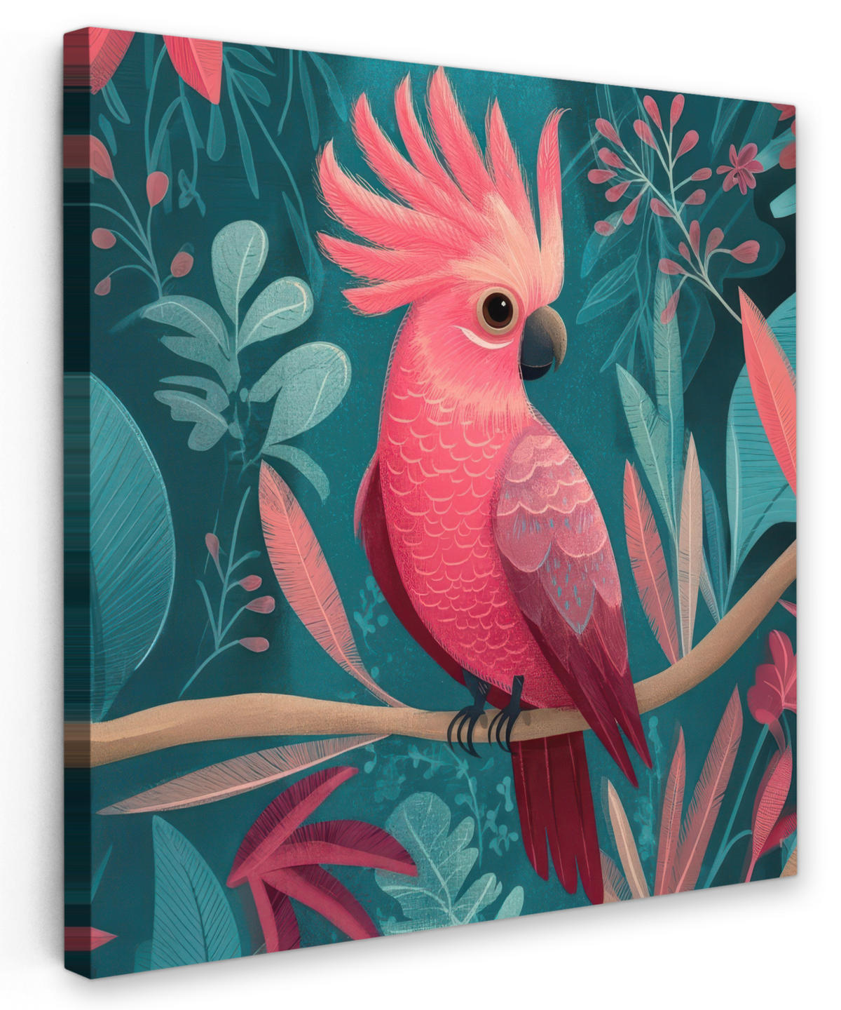 LEINWANDBILD Kakadu - Tropische Blätter - Zweig Wandbild Wohnzimmer 50x50 cm - Petrol, Textil (50/50cm) - MuchoWow