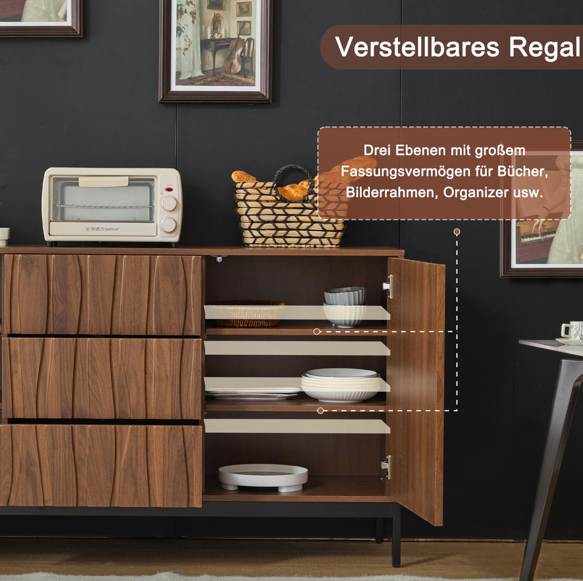 SIDEBOARD 150/40/80 cm in Dunkelbraun mit 3 Schubladen & verstellbaren Böden - Naturfarben, Holzwerkstoff (150/80/40cm) - BEAOK