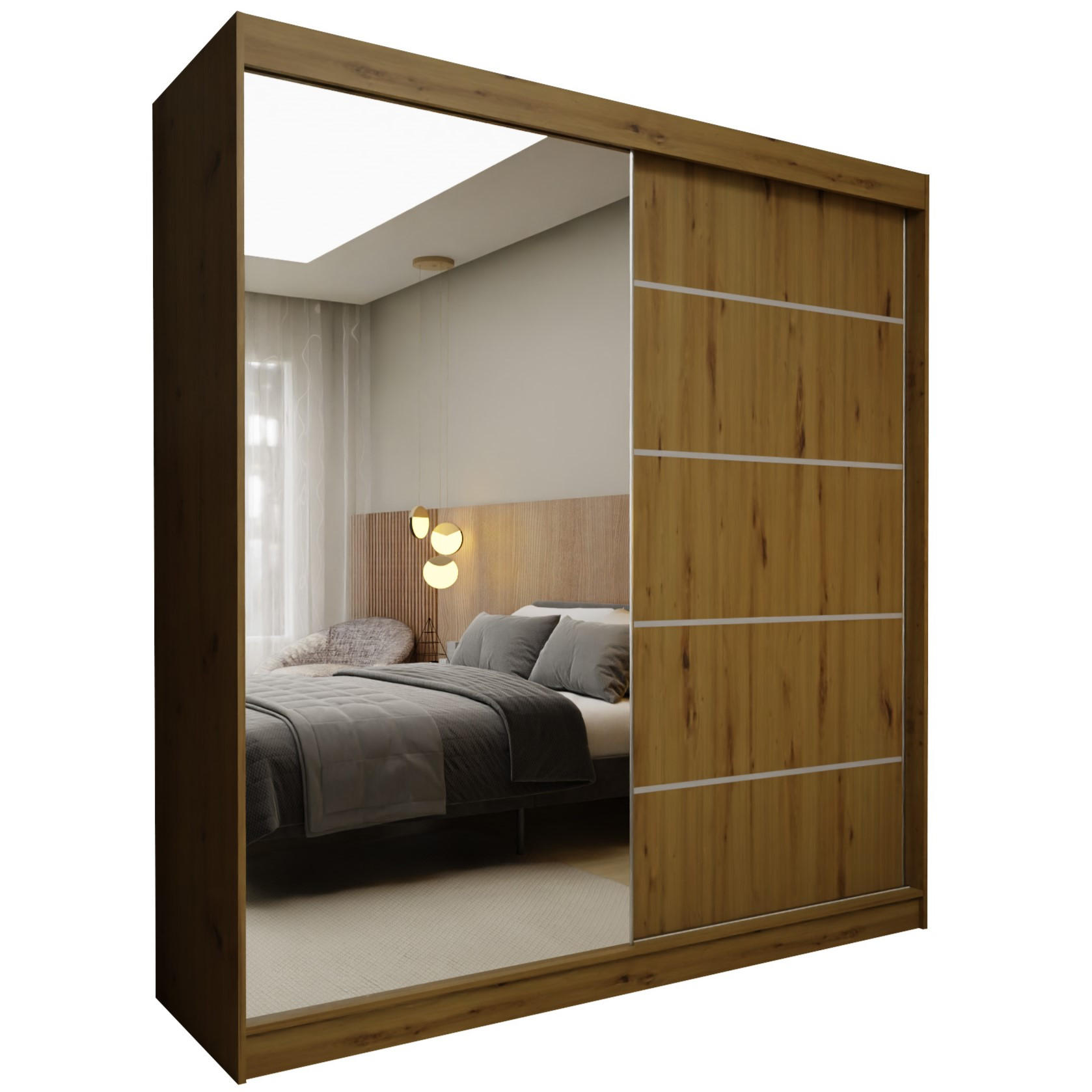 SCHWEBETÜRENSCHRANK MIRELLA 200/216/61 cm 2-türig mit Spiegel Eiche Artisan - Eiche Artisan, Holzwerkstoff (200/216/61cm) - MASSENO