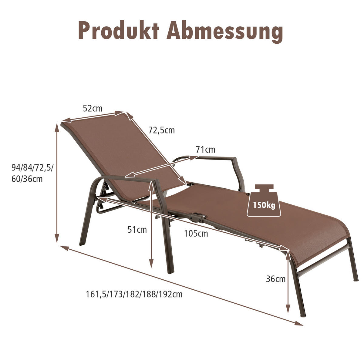 SONNENLIEGE Klappbare Braun(2er-Set) - Braun, Metall (71/94/192cm) - COSTWAY