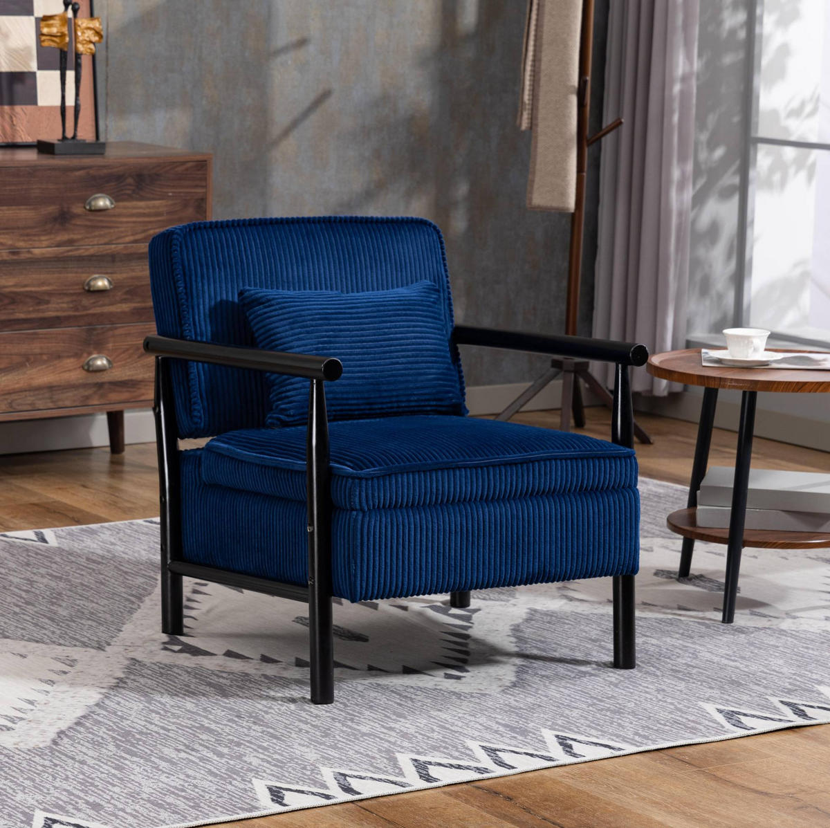 SESSEL 83/66/73 cm blau aus Samt mit Stauraum, Holzgestell und Lendenkissen - Blau, Textil (66/73/83cm) - OKWISH