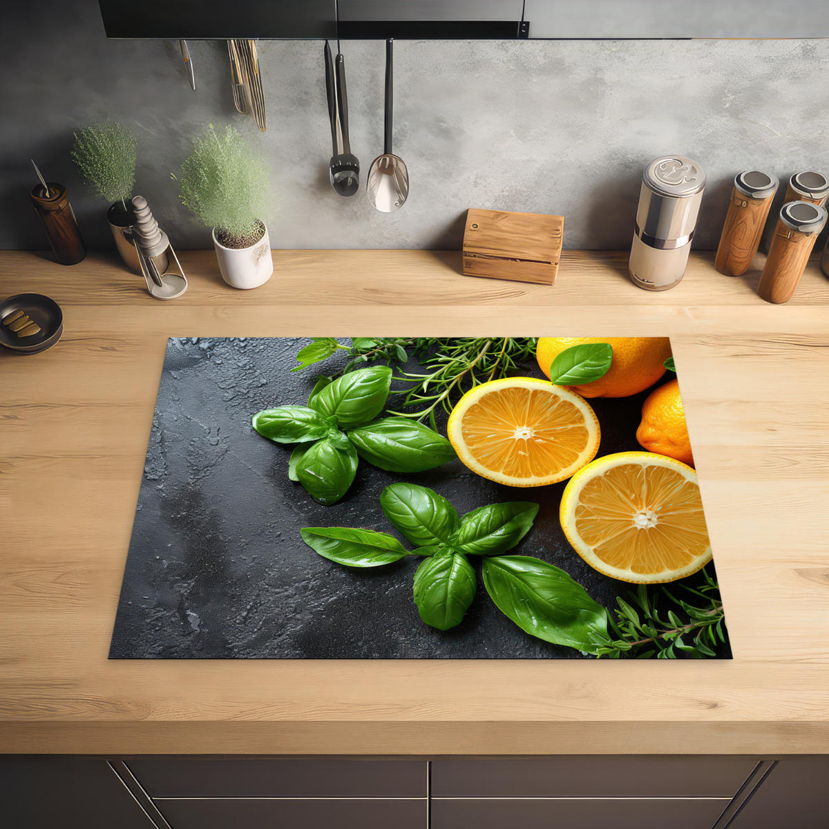 HERDABDECKPLATTE Obst - Grau - Konkret - Orange - Pflanzen Induktionsmatte 71x52 cm - Anthrazit, Kunststoff (71/52/0.2cm) - MuchoWow