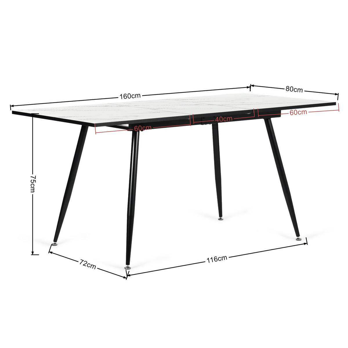 ESSTISCH Weiß Marmormuster rechteckig ausziehbar 120-160/80/75cm - Schwarz/Weiß, Holz/Metall (80/120/75cm) - Urban Meuble