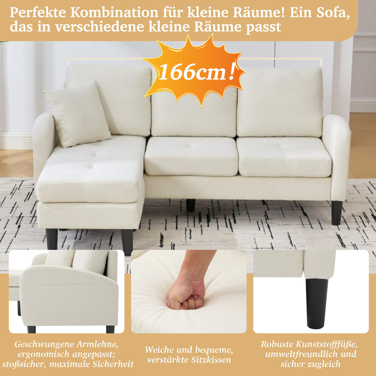 ECKSOFA Baumwoll-Leinenbezug mit modularer Chaiselongue Hellbeige 166/118/77 cm - Beige/Weiß, Textil (166/118cm) - Redom