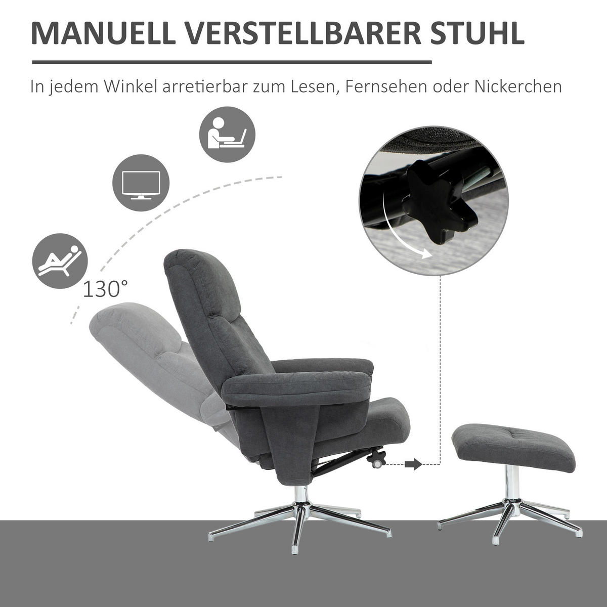 RELAXSESSEL mit Hocker, Gepolstert Fernsehsessel mit Liegefunktion, Liegesessel - Dunkelgrau, Kunststoff (78/106/85cm) - HOMCOM