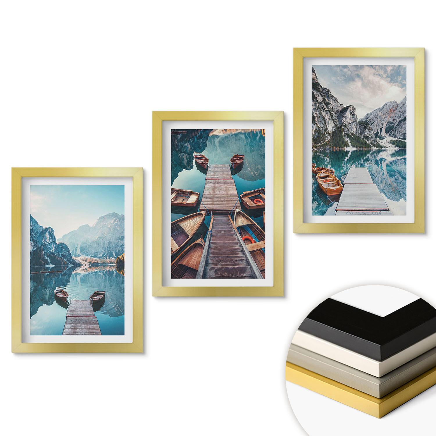 WANDBILDER 3er Set - 20x30 cm Goldrahmen - Seebrücken, Boote, Frieden - Goldfarben, Kunststoff (20/30cm) - ArtPrintCave