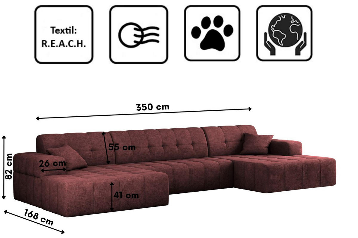ECKSOFA U-form NIMES Stoff Perfect Harmony Rotwein - Rot, Holz/Kunststoff (168/350cm) - Kaiser Möbel