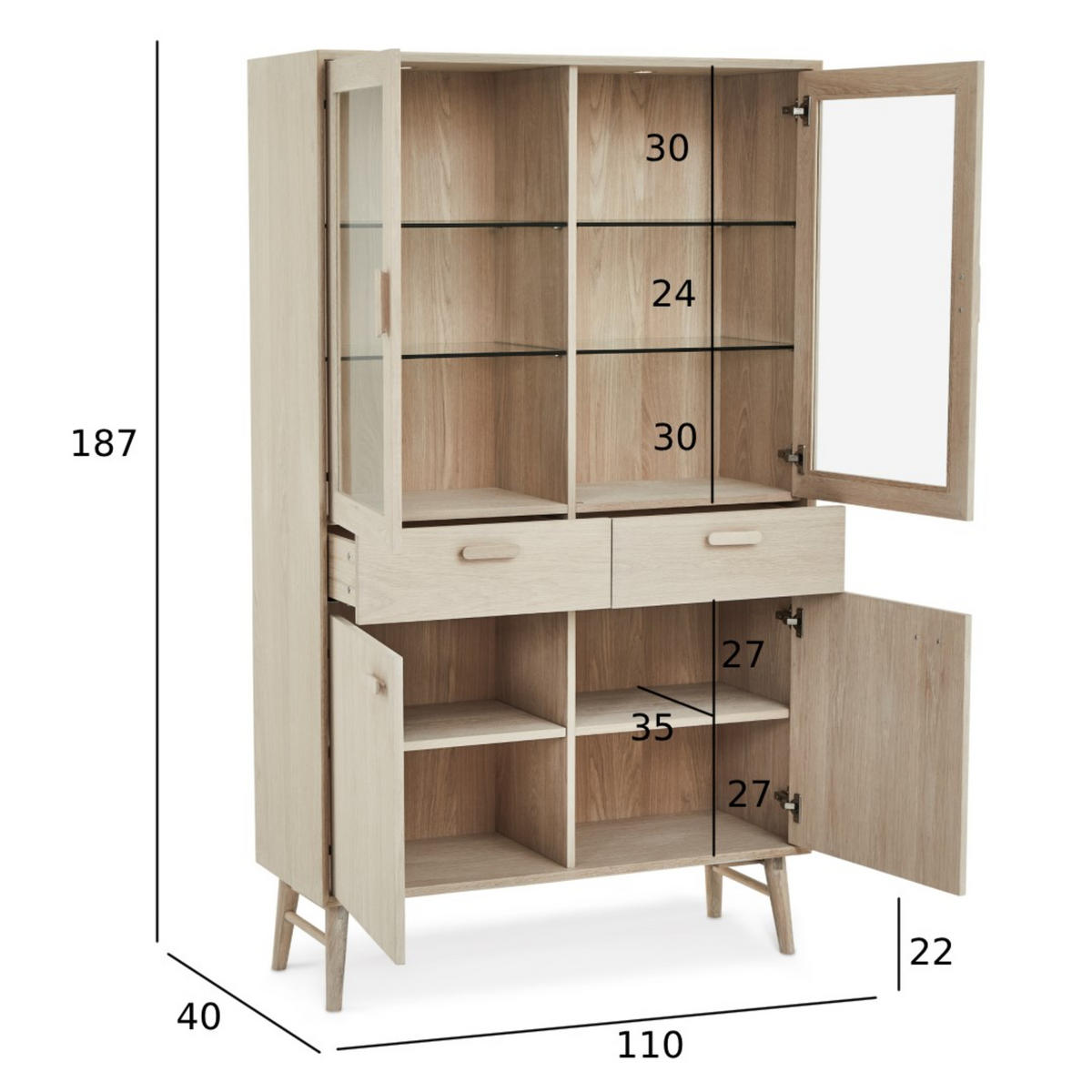 VITRINE Eiche massiv - Eichefarben, Holz/Holzwerkstoff (110/187/40cm) - Furnhouse