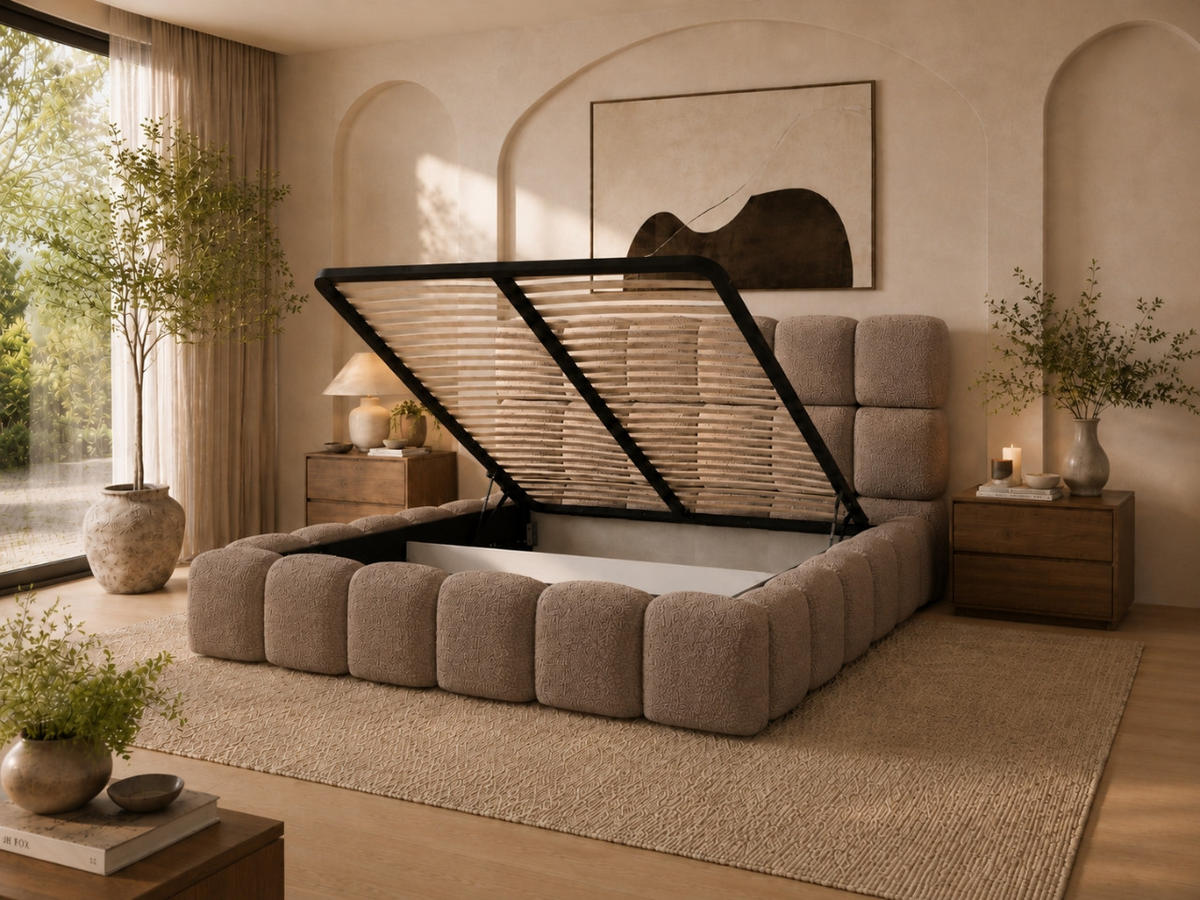 POLSTERBETT TESSA 120x200 cm in Braun, gepolstertes Kopfteil, Metalllattenrost, Bettkasten, Bouclé-Stoff - Braun, Holz/Textil (120/200cm) - EMLAR Home