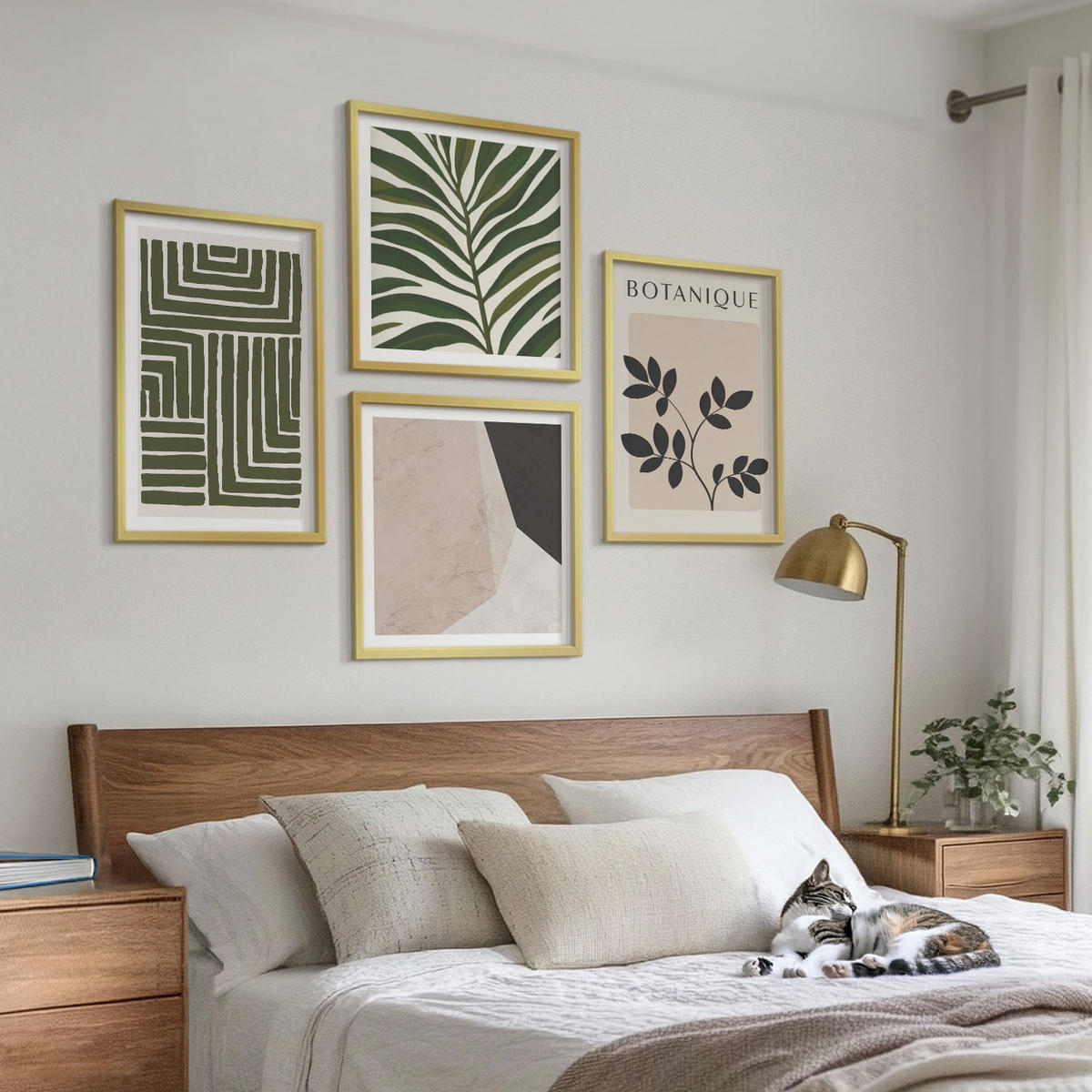 WANDBILDER 4er Set - 50x50 cm & 40x60 cm Goldrahmen - Botanische Boho-Kompositionen - Goldfarben, Kunststoff (50/50cm) - ArtPrintCave