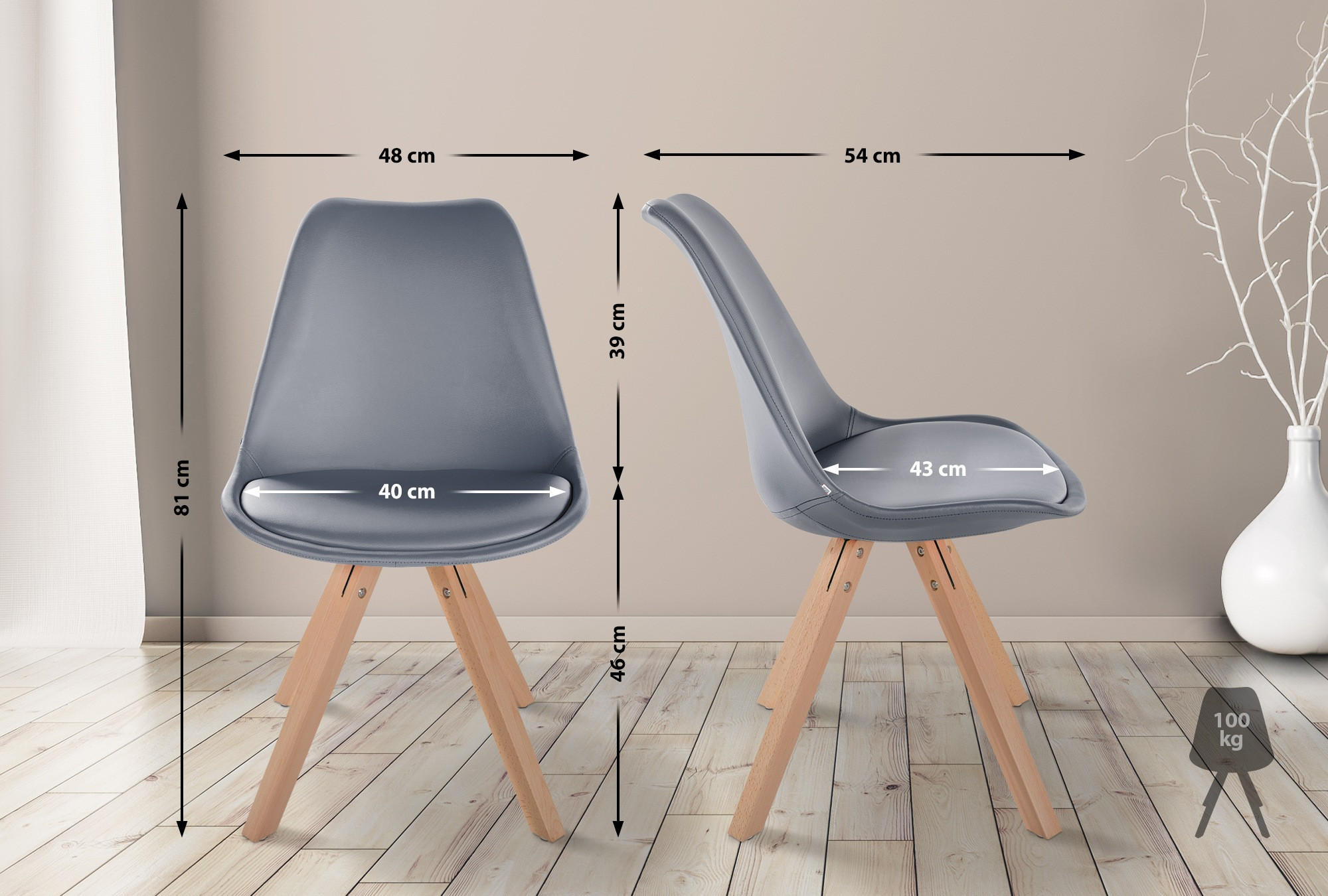 STUHL 4er Set Lederlook grau - Naturfarben/Grau, Holz/Textil (48/81/54cm) - CLP