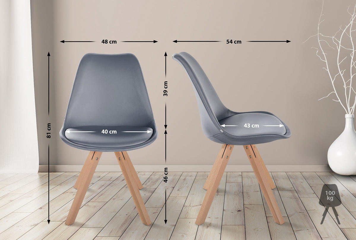 STUHL 4er Set Lederlook grau - Naturfarben/Grau, Holz/Textil (48/81/54cm) - CLP